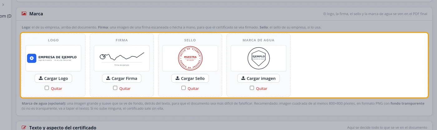 Suba el logo, la firma, el sello y la marca de agua