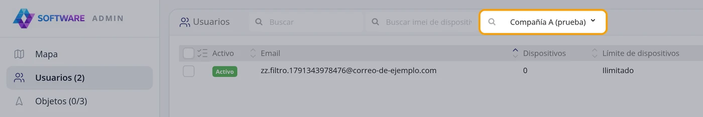 Para ver los usuarios de una compañía, use el filtro Compañía