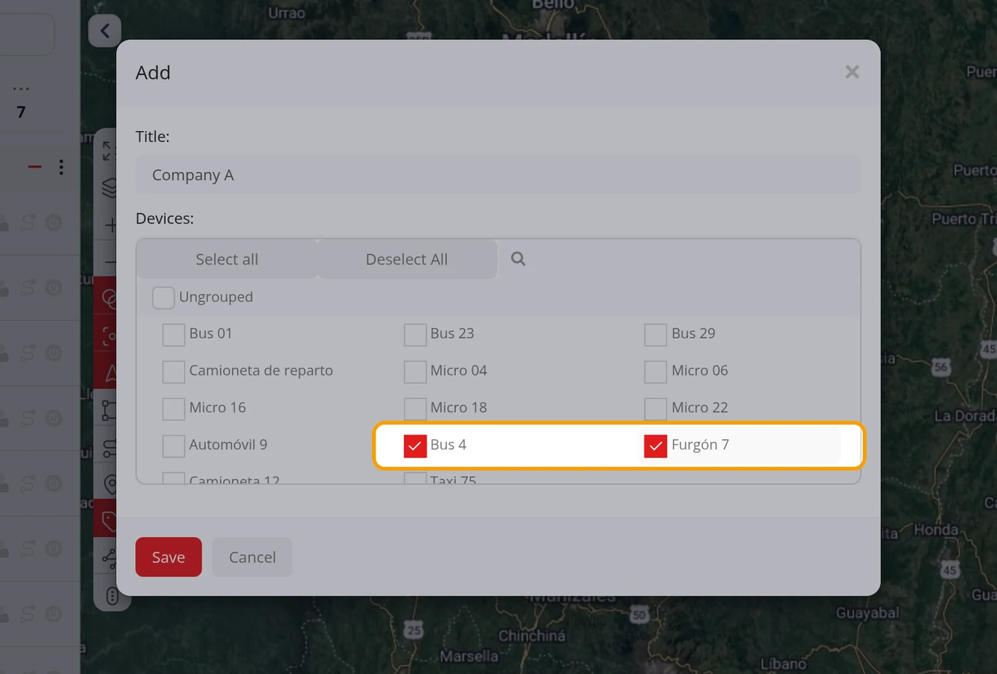 In Devices, tick the vehicles of that company