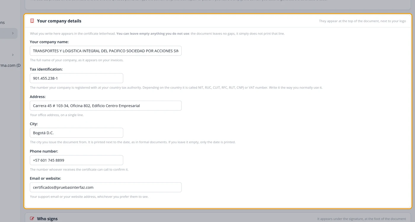 Type your company details