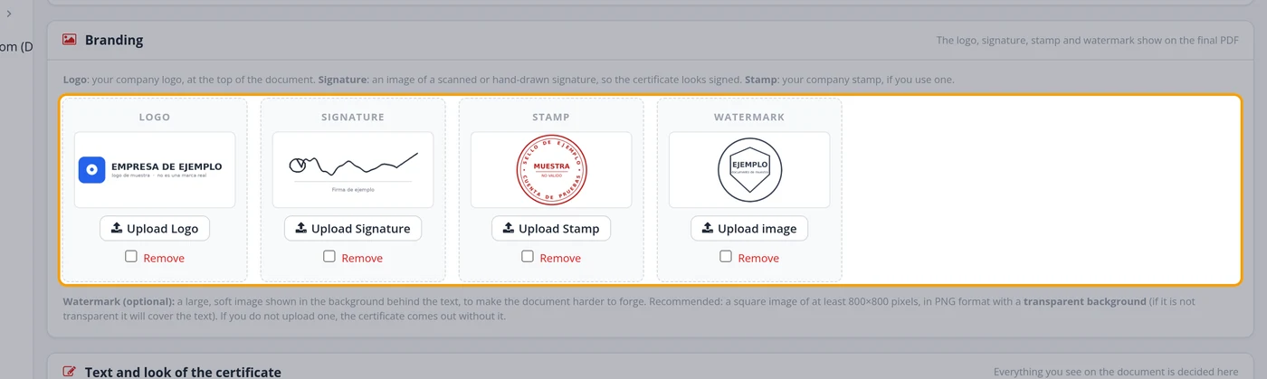 Upload the logo, the signature, the stamp and the watermark