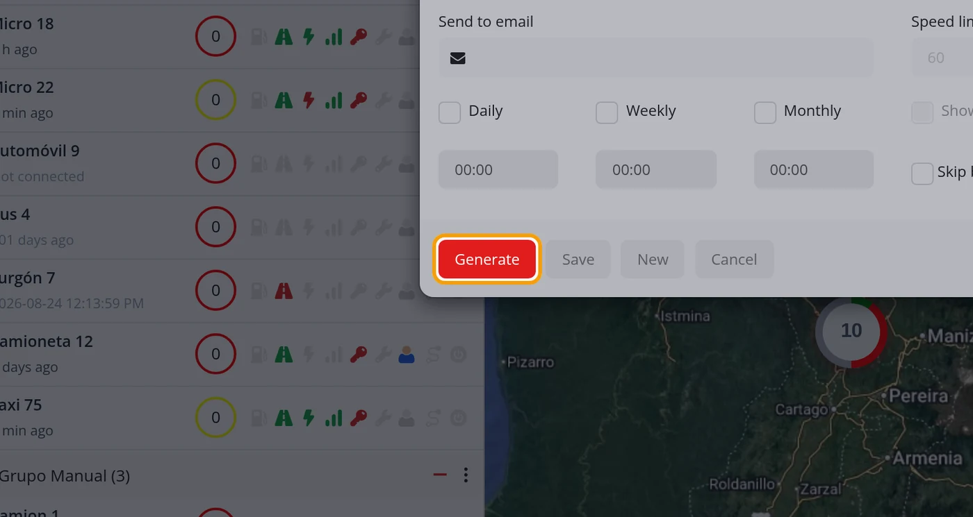 Choose vehicles, dates and format, and click Generate