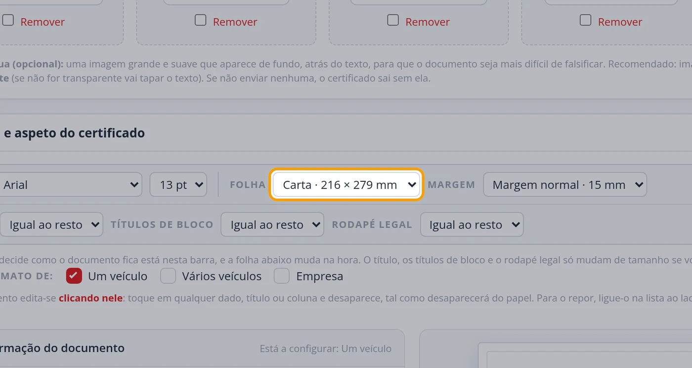 Escolha o tamanho da folha