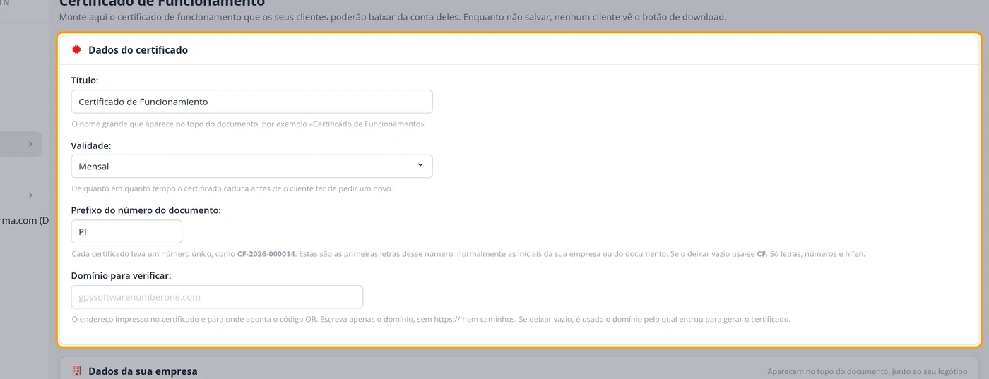 Preencha os dados do certificado