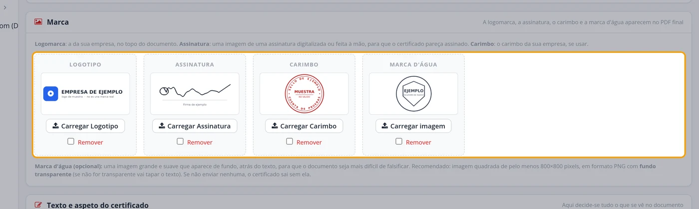 Envie o logotipo, a assinatura, o carimbo e a marca d'água