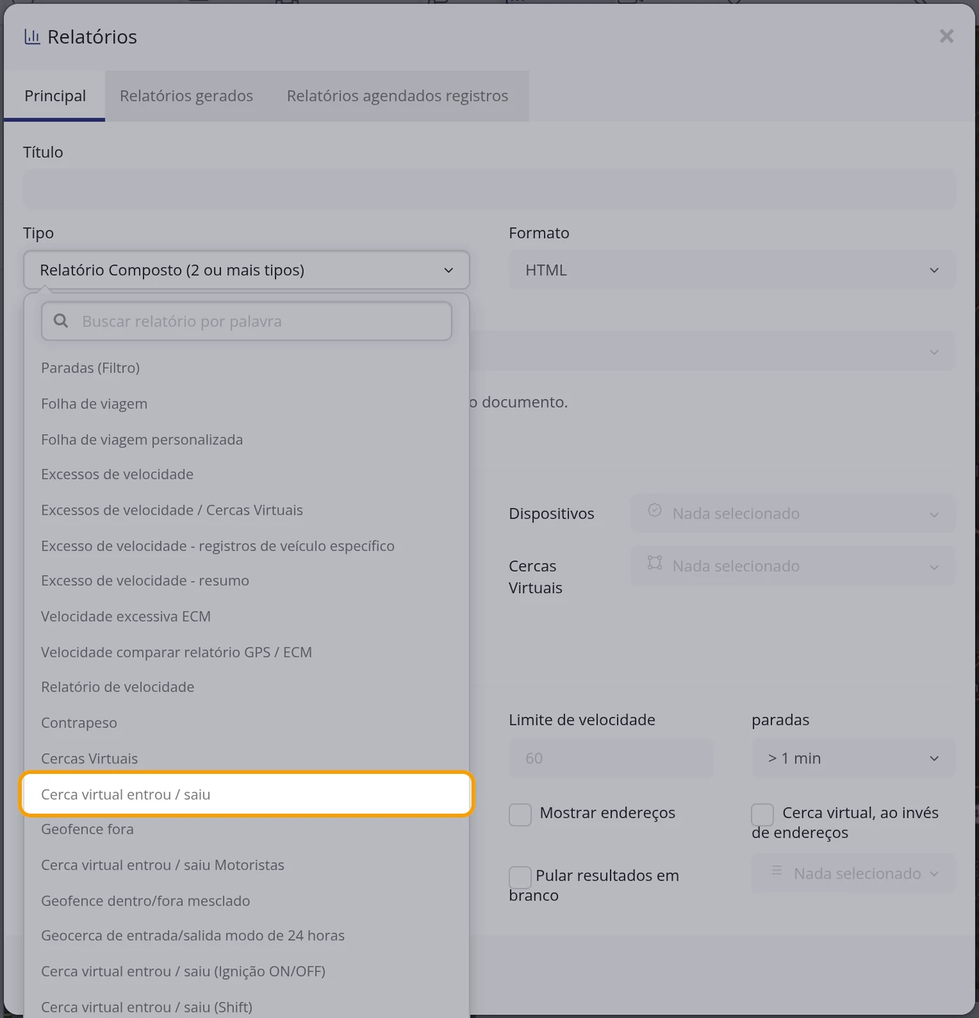 Quanto tempo um veículo ficou dentro de uma zona: «Cerca virtual entrou / saiu»