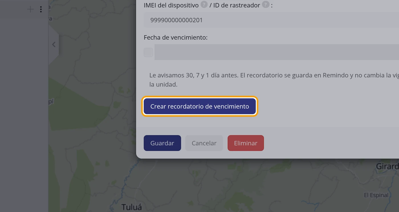 Paso 2: Pulse Crear recordatorio de vencimiento
